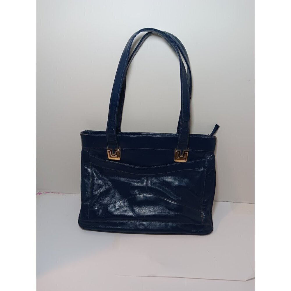 70s Vintage Lou Taylor Deep Blue Itialian Leather Handbag W/ Swivle Gold Mirror